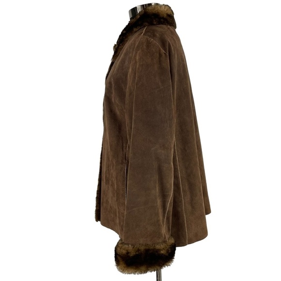NEW YORK & CO PENNY LANE STYLE BROWN SUEDE LEATHER BUTTON DOWN FAUX FUR JACKET - Picture 8 of 14